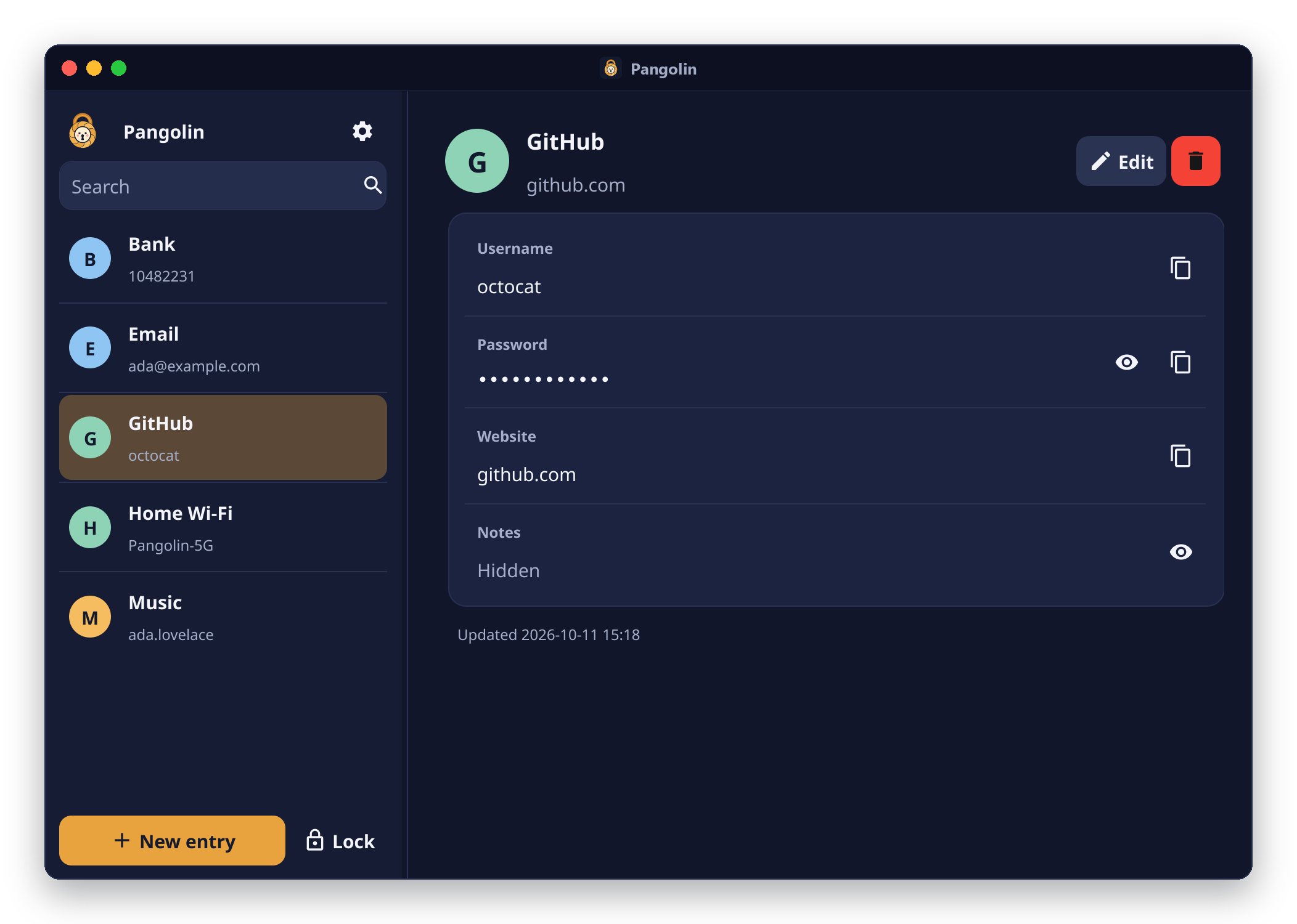 The Pangolin window: a searchable list of entries on the left, and one entry on the right with its password hidden