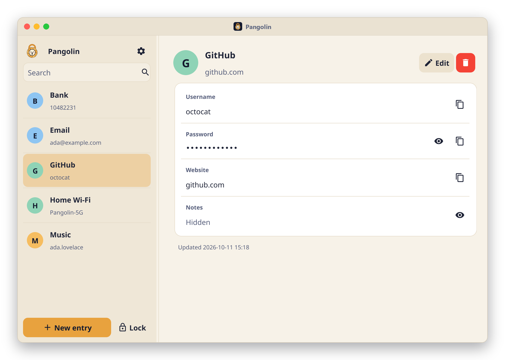The Pangolin window: a searchable list of entries on the left, and one entry on the right with its password hidden